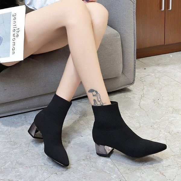 

boots fashion women's medium elastic short heel pointed knitted shoes sleeve knitting, Black