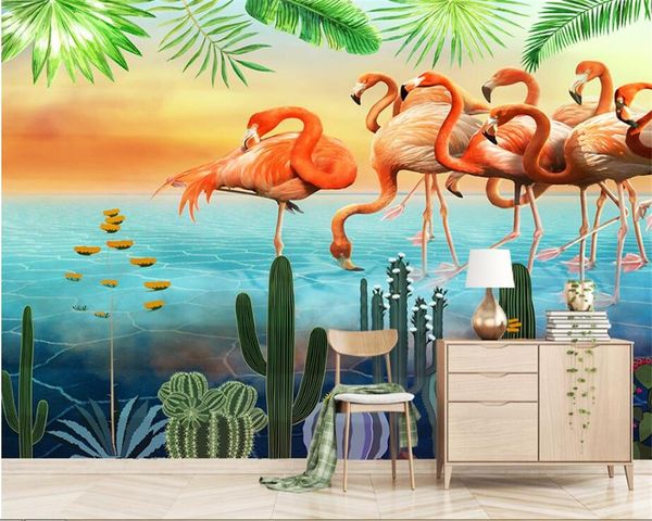 

wallpapers drop custom wallpaper murals modern hand painted palm leaves flamingo wall variety of 3d behang