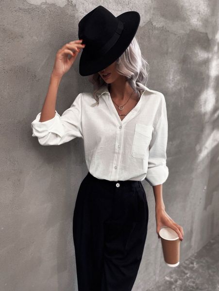 

button through pocket front solid blouse u0wd#, White