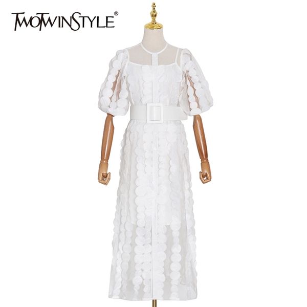 

white patchwork appliques dress for women o neck petal sleeve high waist sashes bohemian dresses female 210520, Black;gray