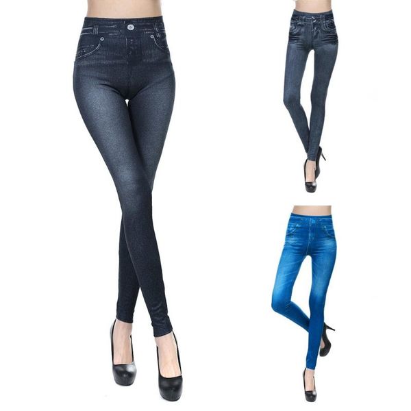 

women's jeans casual false pocket slim imitation denim seamless long pants trousers, Blue