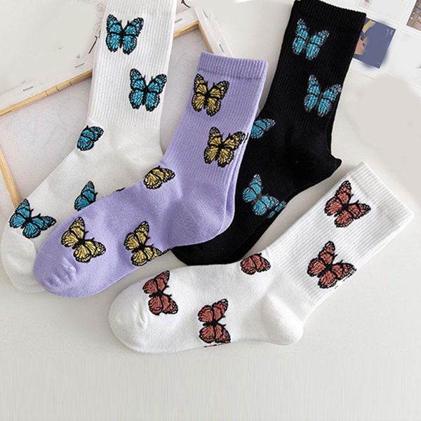 

fashion butterfly cotton socks middle tube foot acessories women sports college classic style for girls school & hosiery, Black;white