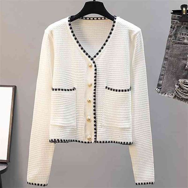 

v-neck print knitted cardigan women elegant vintage spring sweaters coat with pocket large size fashion short knitwear 210522, White