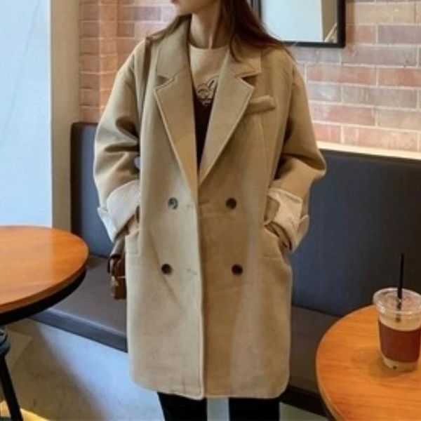 

women's wool & blends vintage loose women woolen jacket blazer autumn chic double breasted female fashion coat stylish ladies outwear o, Black