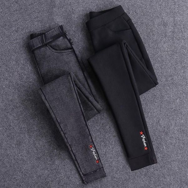 

embroidery solid pencil womens capris full length leggings high waist stretch trousers female casual wear washed black, Black;white