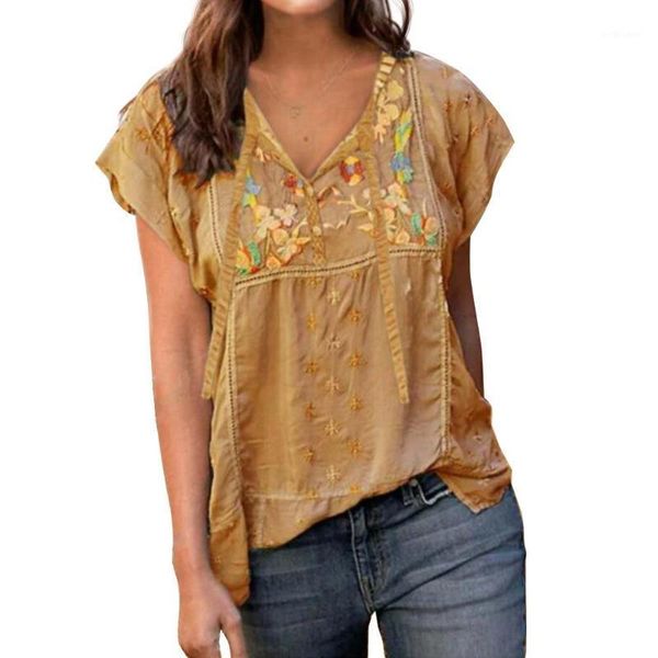 

women's t-shirt women boho solid color short sleeve v neck embroidery pullover loose embroidered with patterns full of style, White