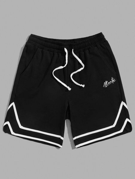 

men letter embroidery contrast tape drawstring waist shorts w9xn#, Black