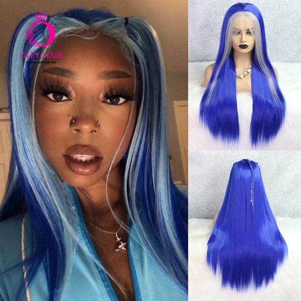

highlight blue wig heat resistant synthetic lace front long straight gray drag queen cosplay wigs for black women oley