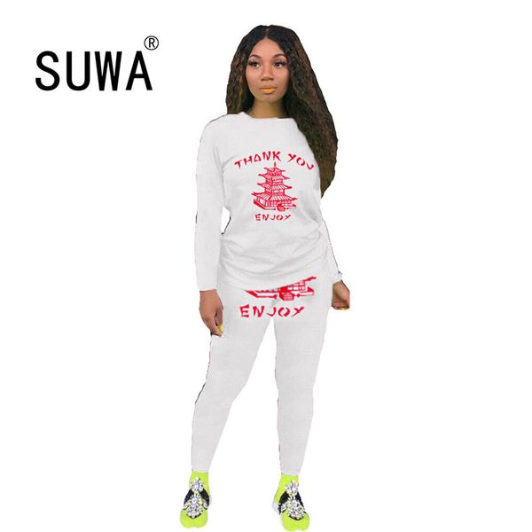 

two piece women fashion letter print bodycon tracksuit long sleeve + biker joggers pants outfits matching lounge wear set 210525, White