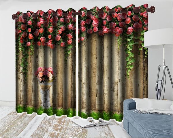 

custom floral 3d curtain pink delicate flowers on the wooden wall romantic modern decoration window curtains & drapes