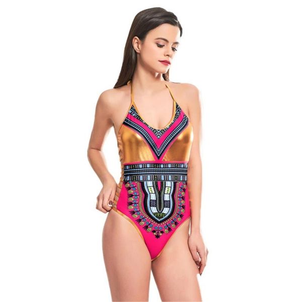 

women bikini one piece halter swimwear lady style gold print wire padded bra swimsuit beach bathing suit s one-piece suits