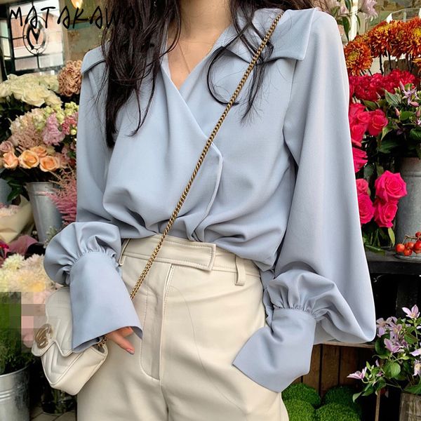 

matakawa loose side buttoned blusas korea chic simple lapel shirt lantern sleeve women blouses long-sleeved shirt women 210513, White