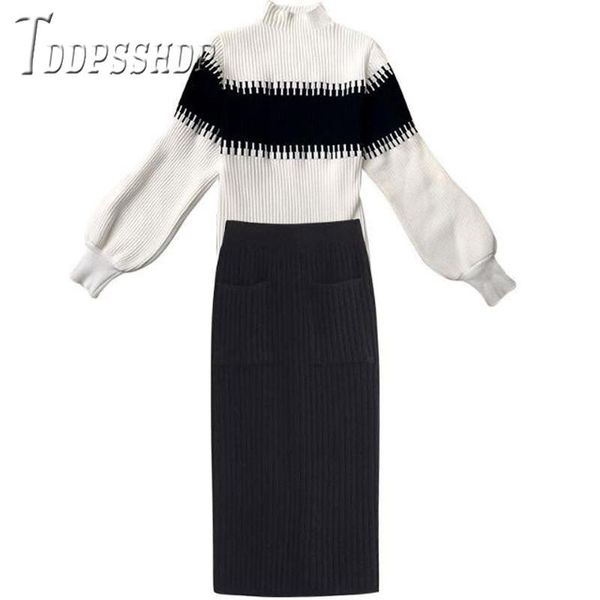 

two piece dress autumn winter pullover sweater + split pencil skirt knitted 2 set, White