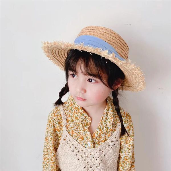 

wide brim hats sun caps ribbon round flat raffia straw fedora panama hat summer for kid child snapback gorras gorros, Blue;gray