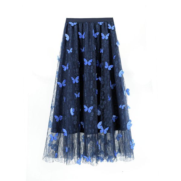 

skirts women summer a-line mesh stretch high waist butterfly embroidery long femme elegant faldas jupe saia ufhq, Black