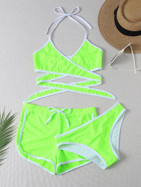 

3pack neon lime contrast binding halter bikini swimsuit b2fd#, White;black