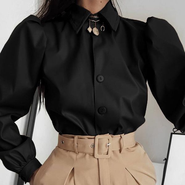 

women's blouses & shirts blouse spring leather vintage long sleeve turn-down solid color streetwear casual slim fit female, White