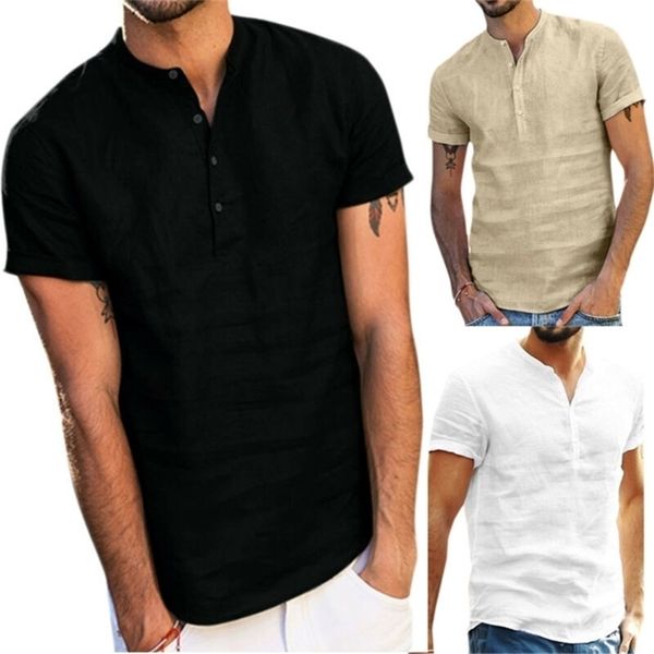 Homens Verão Camiseta Casual Manga Curta O Pescoço Blend S-2XL Szie 3 Cores Moda Praia Sólida Sólida Henley Tops Blusa Tees 210716