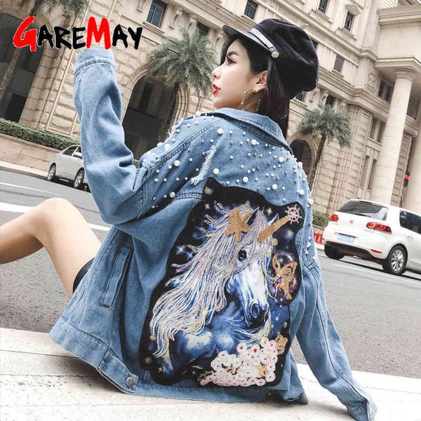 

pearl beading cartoon unicorn demin jacket chaquetas mujer autumn vintage frayed ripped hole jean jacket veste femme coats 210428, Black;brown