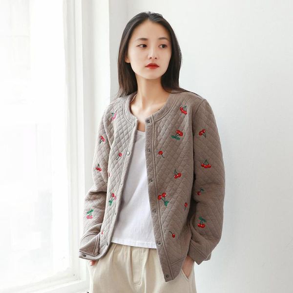 

johnature winter autumn casual covered button o-neck embroidery women outerwear loose vintage all-match female coats 210521, Black;brown
