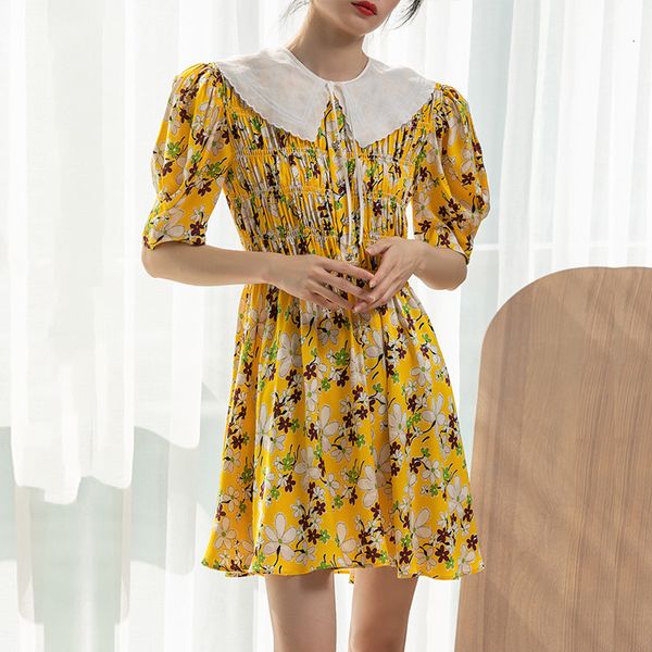 

dress women floral yellow mini dress 2021 spring summer white peter pan collar puff sleeve pleated short dresses, Black;gray