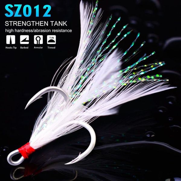 

10pcs/ 2#/4#/6#/8#/10# red black white silk bonding fishing treble hook with feather sz012 hooks