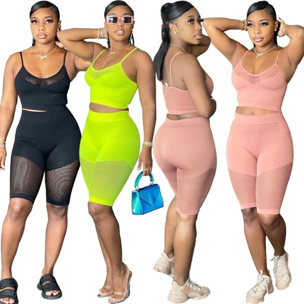 

women's tracksuits sets womens outfits casual round collar sports camisole mesh stitching suit fashion summer tracksuit wholesale drop, Gray
