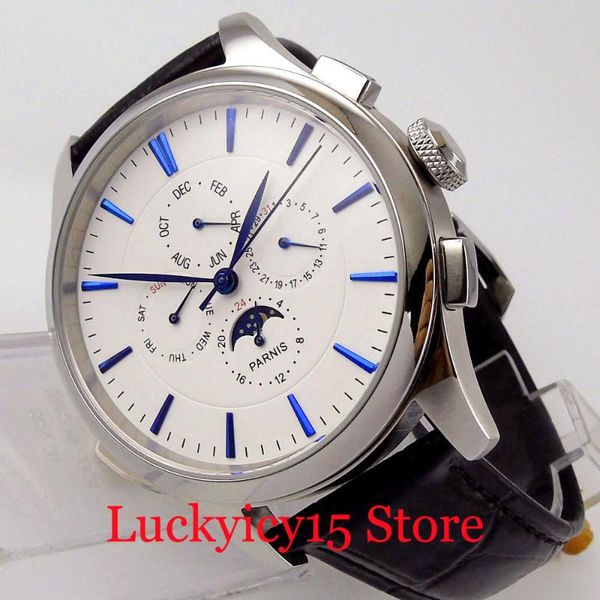

multifunctional automatic men watch date week month function polished case movement leather band wristwatches, Slivery;brown