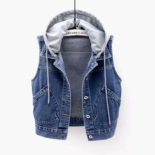 

women's vests 2021denim vest spring and autumn clothes sleeveless wild short hooded jacket women denim jeans female, Black;white