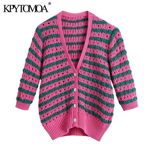 

kpytomoa women fashion striped cropped knitted cardigan sweater vintage v neck short sleeve female outerwear chic 210812, White