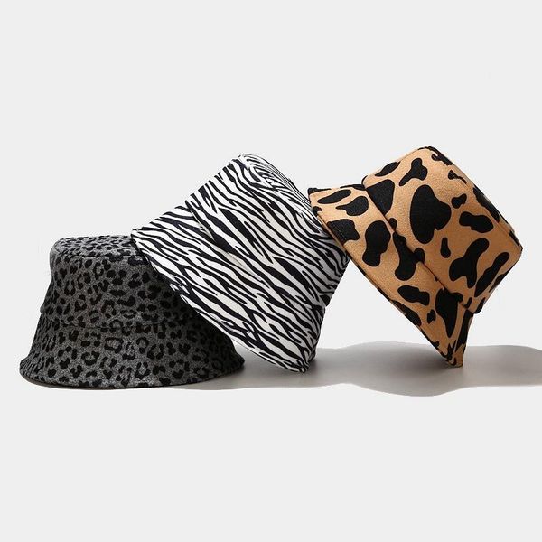 

oloey woolen cloth leopard printed cow zebra pattern bucket hats women autumn and winter thicken warm caps casual fisherman hat wide brim, Blue;gray