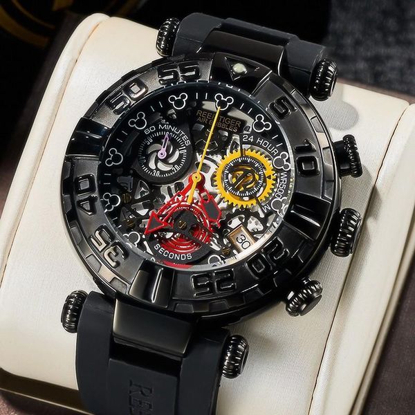 

wristwatches reef tiger/rt sport watch men skeleton quartz watches chronograph rubber strap montre homme rga3059-s, Slivery;brown