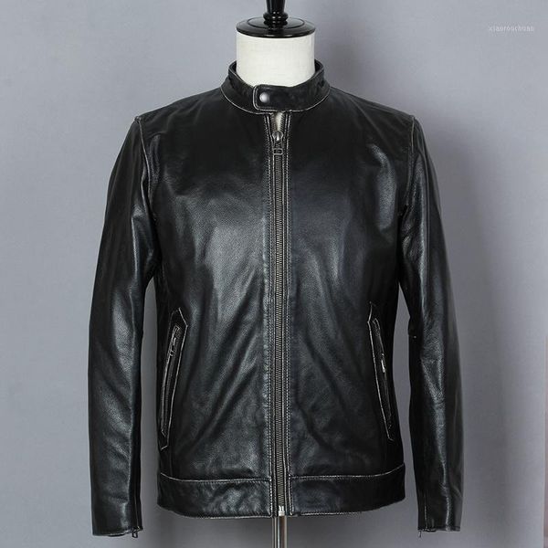 

men's leather & faux 2021 vintage genuine jacket stand collar zipper motorcycle men black cowskin biker male
