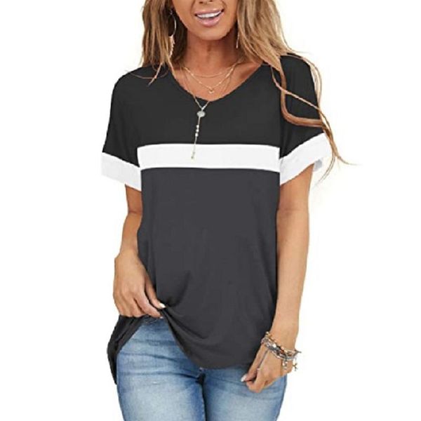 

women's t-shirt solid color round neck short sleeve hit stitching top, White