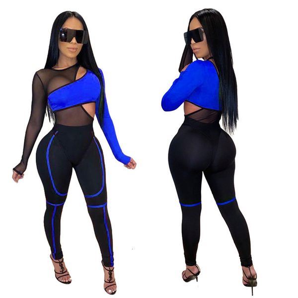 

women tracksuit two piece sets color patchwork sheer mesh bandage jumpsuit long pants suit set female outfit sportwear joggers, White