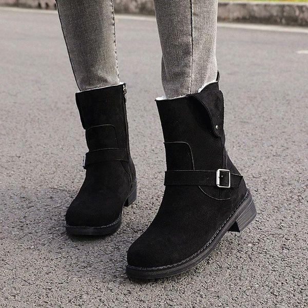 

boots winter warm women's short plush low heels ladies snow booties zipper large size woman shoes female footwear 2021, Black