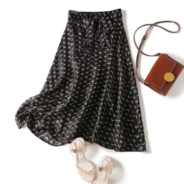 

skirts shuchan print long for women bohemian lanon spandex a-line mid-calf blended belt black lace-up summer 2021