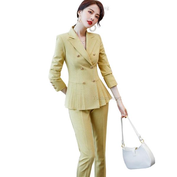 

women's two piece pants ol office ladies 2 yellow gray pink pant suit women elegant ruffle jacket and trouser double breasted 5xl blaze, White