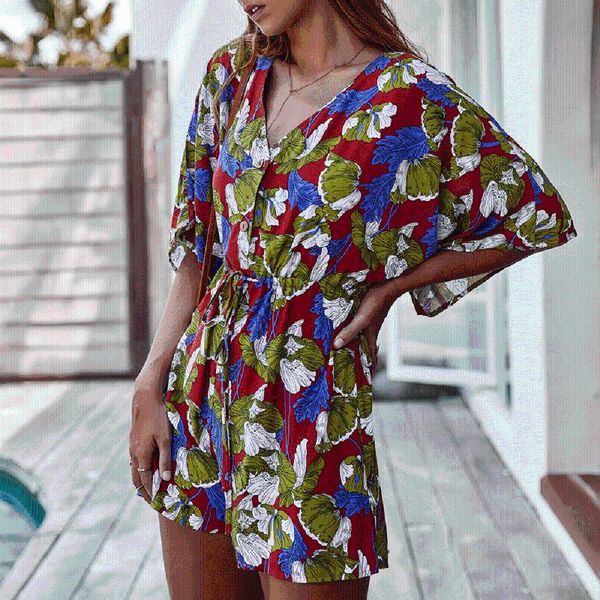

women's jumpsuits & rompers short-sleeved floral print women v-neck buttons with casual pants summer fashion streetwear jumpsuit, Black;white