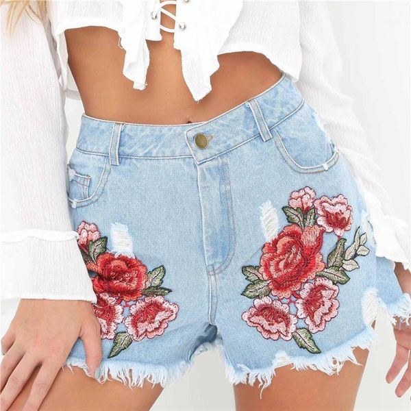 

floral embroidery denim shorts women light blue flower embroidered casual short jeans pants femme1, White;black