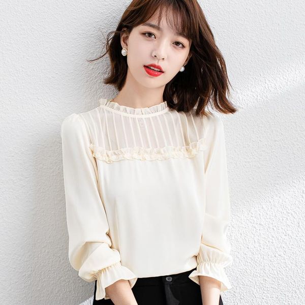 

women's blouses & shirts chiffon blouse solid girl's shirt summer loose lace plus size casual long sleeve office lady blusas houth, White