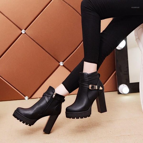 

boots square heel ankle zapatos de mujer botas 2021 autumn and winter button high heels shoe fashion f903211, Black