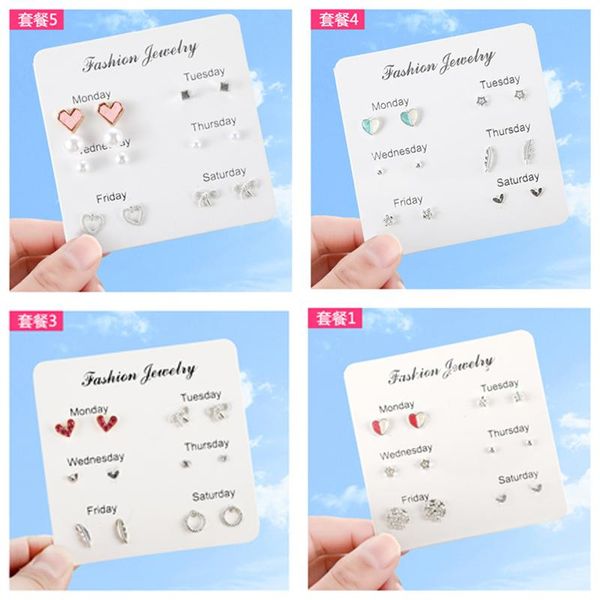 

stud fashion earrings set for women statement heart star snowflake flower crystal one week minimalist of jewelry, Golden;silver