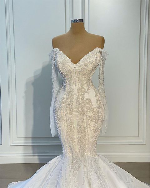 Изящные белые русалки свадебные платья возлюбленные с длинными рукавами свадебные платья длиной свадебной длиной на полу.