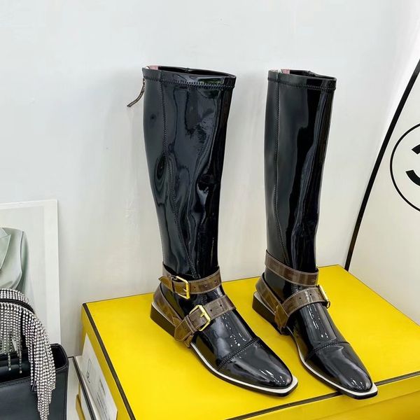 

black stretchy neoprene flats knee tall boot patent leather back zip buckle shoes rounded toe knee-high riding boots luxury designers shoe f