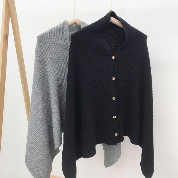 

bow ties sitonjwly warm fake collars knitted wool shawl female korean solid color fashion scarf winter button cape wrap, Black;gray