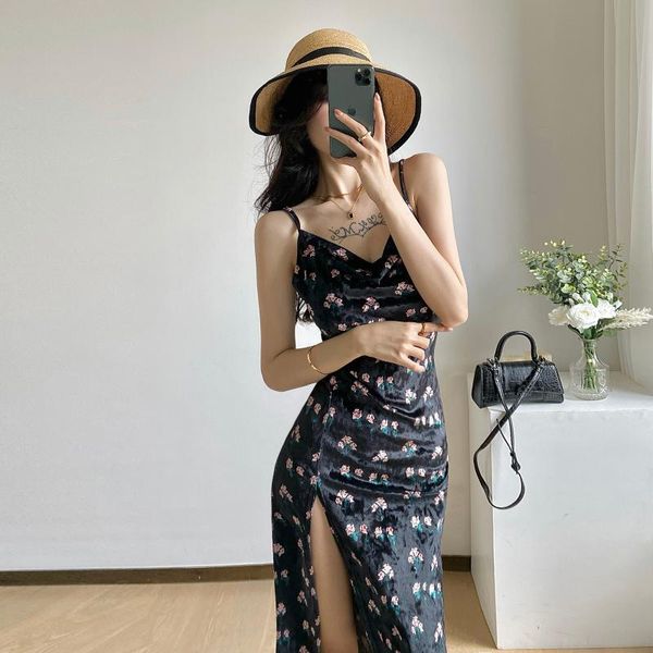 

casual dresses 812 # will spot the velvet printing feminine condole split swing get dress backless beach holiday, Black;gray