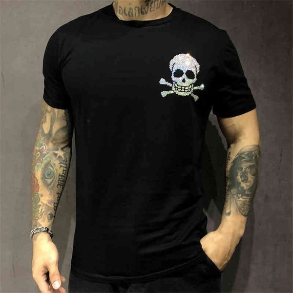 

t shirts men casual summer o collar short sleeve cotton rhinestones tight fashion t-shirt, White;black