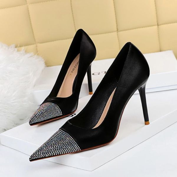 

dress shoes 2021 women 9.5cm high heels pumps lady leather crystal pointed cap toe female stiletto escarpins wedding bridal, Black