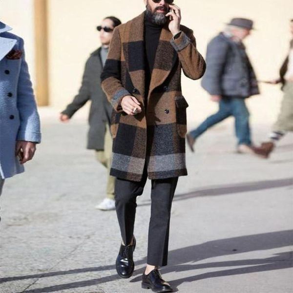 

men's trench coats europe and the united states men fall printing grid cloth coat leisure long, Tan;black